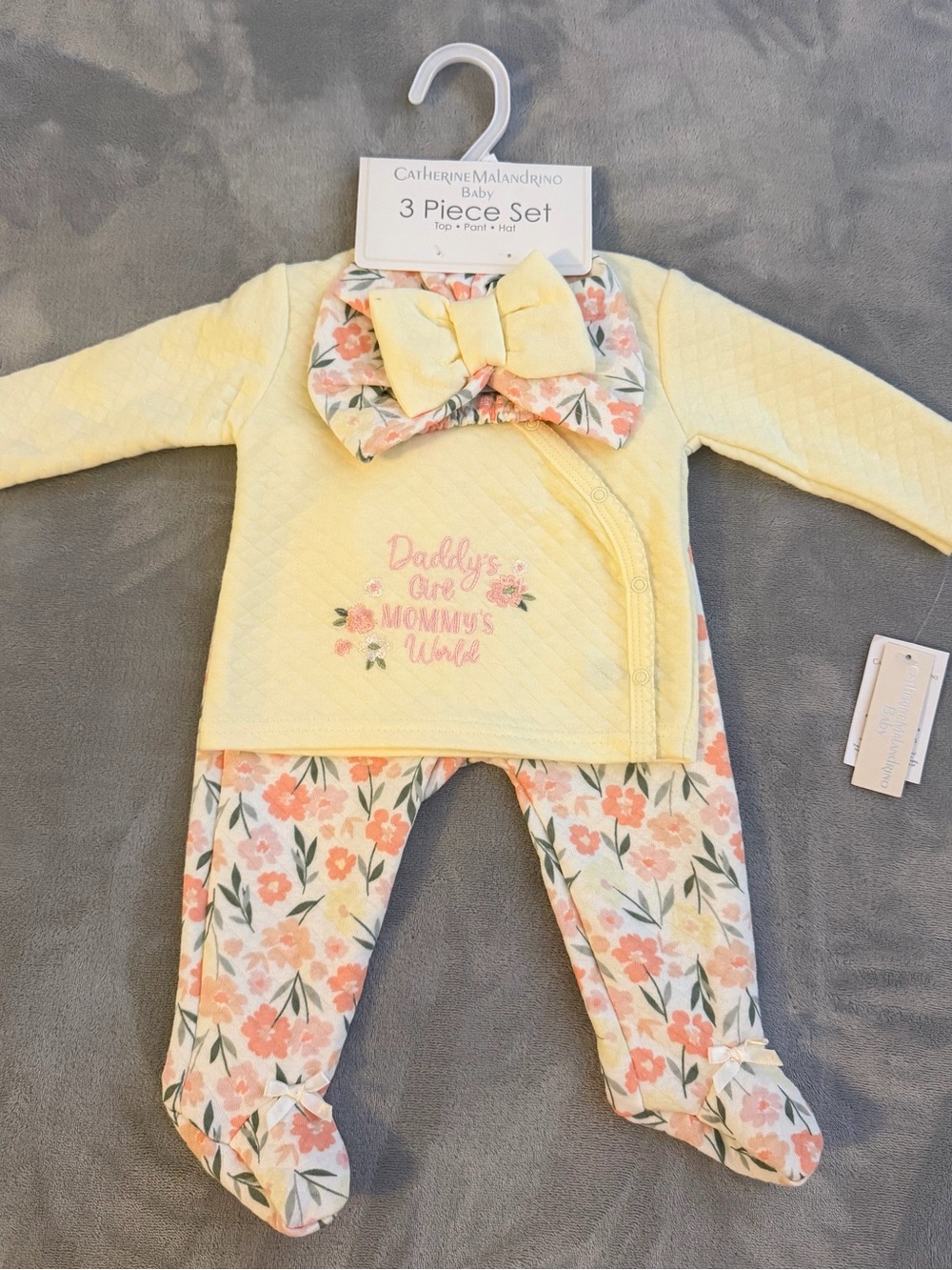 Catherine Malandrino Yellow Quilted Top with Floral Footed Pants & Hat